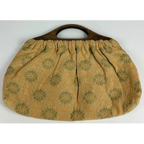 Vintage Wood Handle Fabric Tapestry Purse Handbag Retro Cottagecore Prairie - Picture 4 of 7